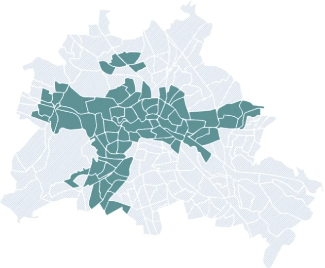Karte von Berlin: hervorgehoben die Bezirke, in denen mih net Berlin Glasfaser baut.